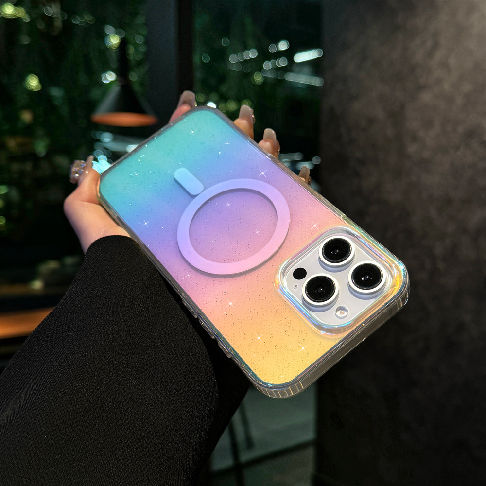 彩镀钻石纹适用苹果16手机壳17透明闪粉iphone15Pro磁吸壳保护套