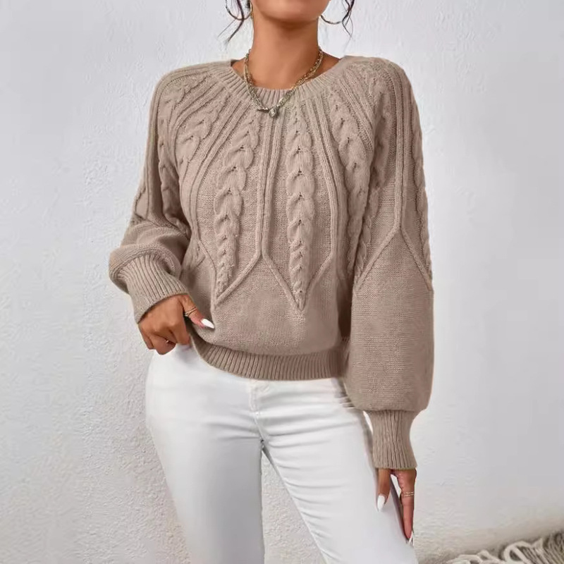 Amazon Pullover Crewneck Knitted Sweater Cross-border Foreign Trade Long Sleeve Twist Solid Color All-match Knitted Top for Autumn and Winter Women