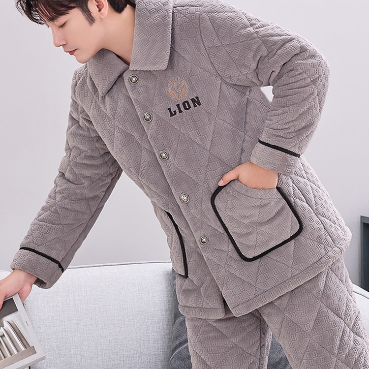 Autumn and Winter Men's Pajamas Three-Layer Quilted Coral Velvet Winter Thickeneded Fleece-Lined Warm Flannel Home Wear Set
