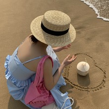 平顶草帽女款夏海边度假拍照遮阳帽草编太阳帽沙滩帽子平顶草帽