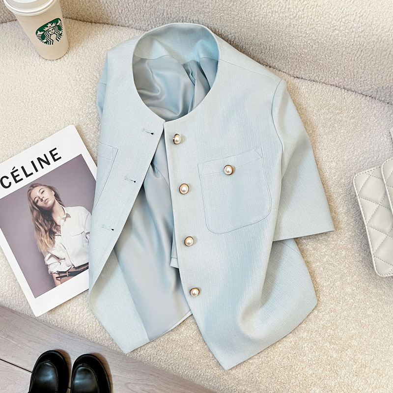 Blue Short-Sleeved Small Fragrant Suit Jacket for Women Summer Thin 2025 New Super Hot Elegant High-End Beautiful Top