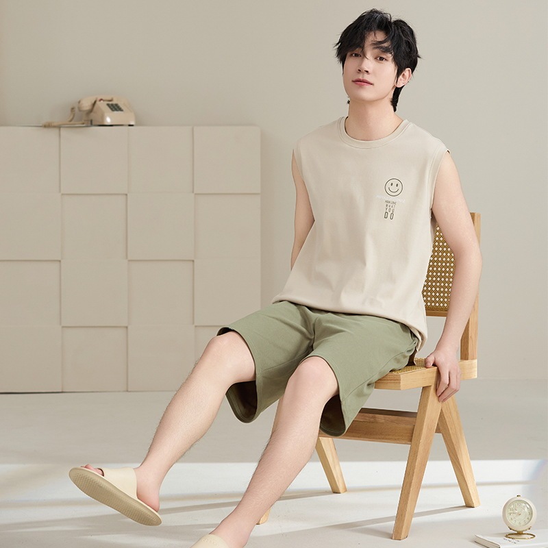 Pajamas Men's Summer Pure Cotton Thin Vest Sleeveless Waistcoat Shorts Outwear Casual Home Clothes plus size suit