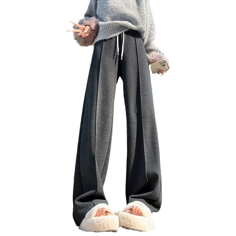 Pantalones de piernas anchas con patrón de herringe para mujeres otoño y invierno 2024 nuevos pantalones de lana de cintura alta, pantalones recto delgados casuales