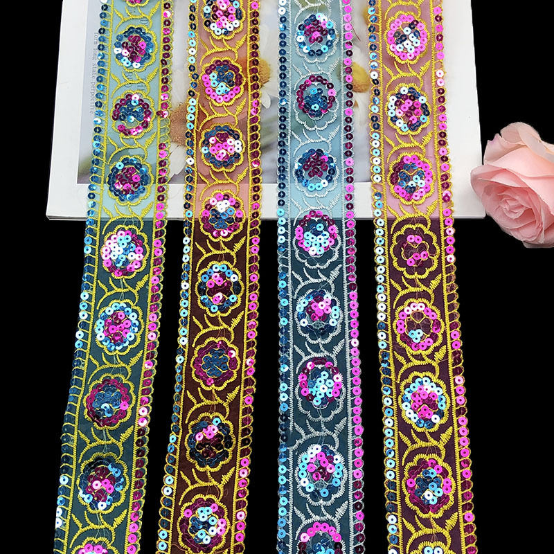 现货供应刺绣亮片条码花边 DIY玻璃纱网纱花朵服装辅料服饰花边