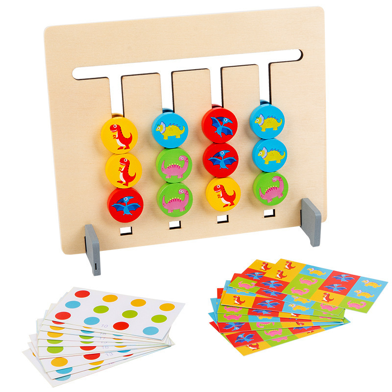 Dinosaurio de cuatro colores juego de madera de doble cara Montessori iluminación ayudas didácticas desarrollo de inteligencia juguetes educativos de educación temprana para niños