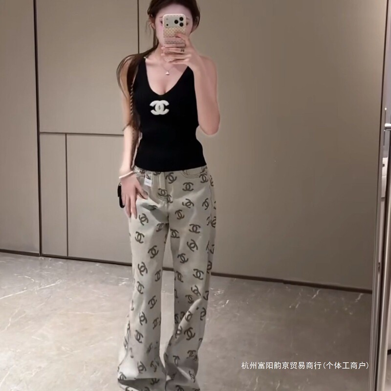 Original label 26 summer new style simple vest with tag + full-print logo high-waisted gray jeans trendy
