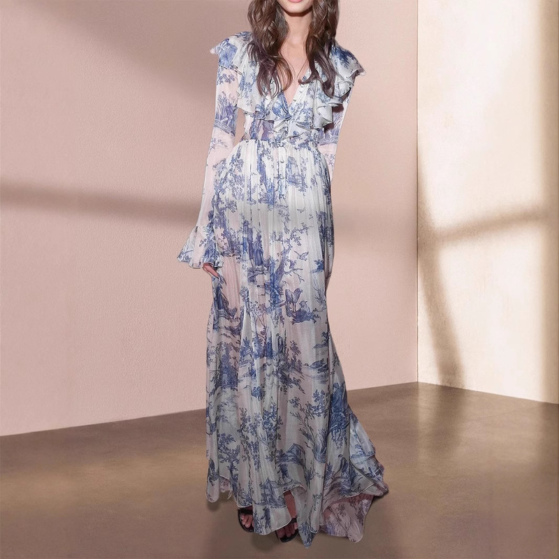 Soft Holiday French Palace Print Dress for Women Spring & Fall Long Elegant Super Long Fairy Skirt Floral Long Skirt