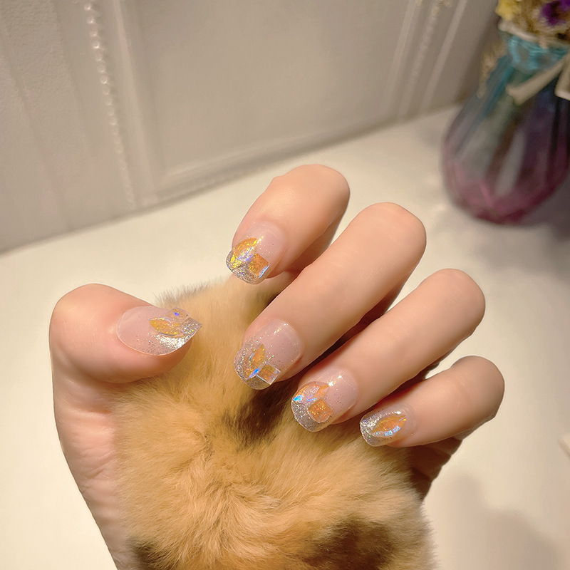 Short Warm Elf Same Style Wearable Nail Art Glitter Colorful Wearable Nails Sequins Fashionable and Versatile