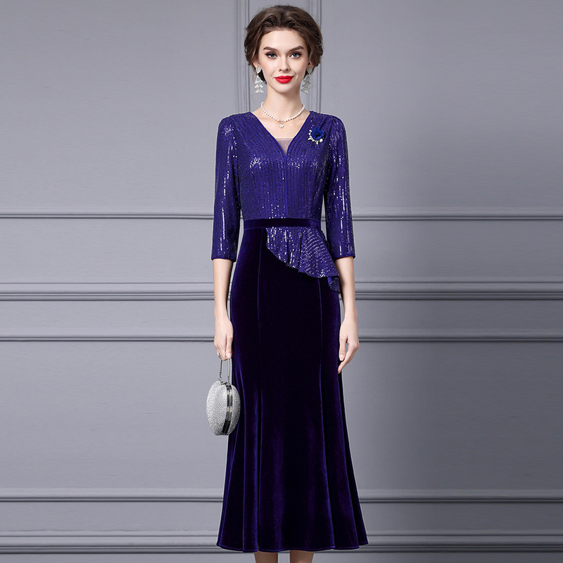 Zhili super good-looking dress original atmosphere long slim flesh covered gold velvet formal occasion dress new