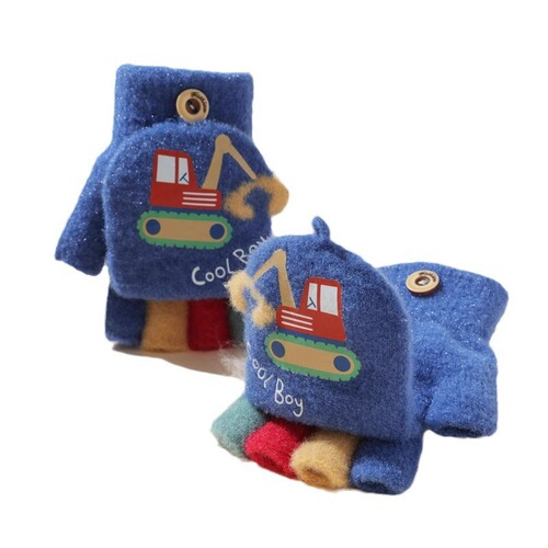 Children's Glove Excavator for Boys, Autumn and Winter Cartoon Cute Half-Finger Flip Knitted Wool Anti-Cold Warm Gloves