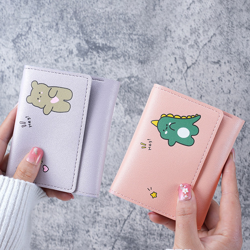 Korean style small wallet for women, tri-fold short print, cute and simple student multi-card slot coin purse, cartoon ladies wallet