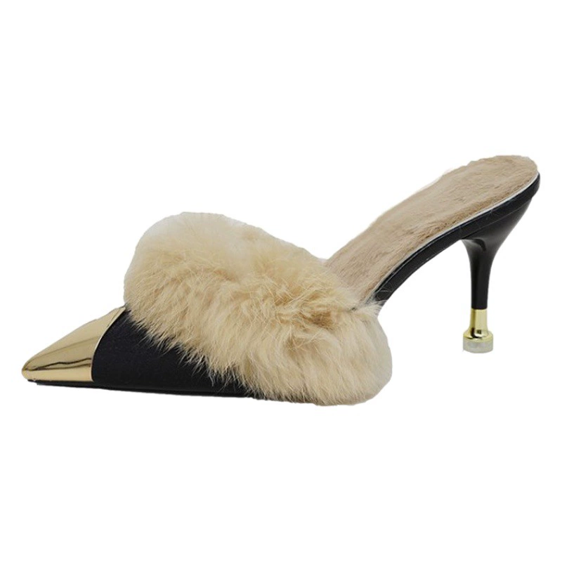 Женские плюшевые тапочки на высоком каблуке для верхней одежды с флисовой подкладкой Новые полутапочки с острым носком Сумка в Корейском стиле Тапочки на шпильке с острым носком и ультра высоким каблуком