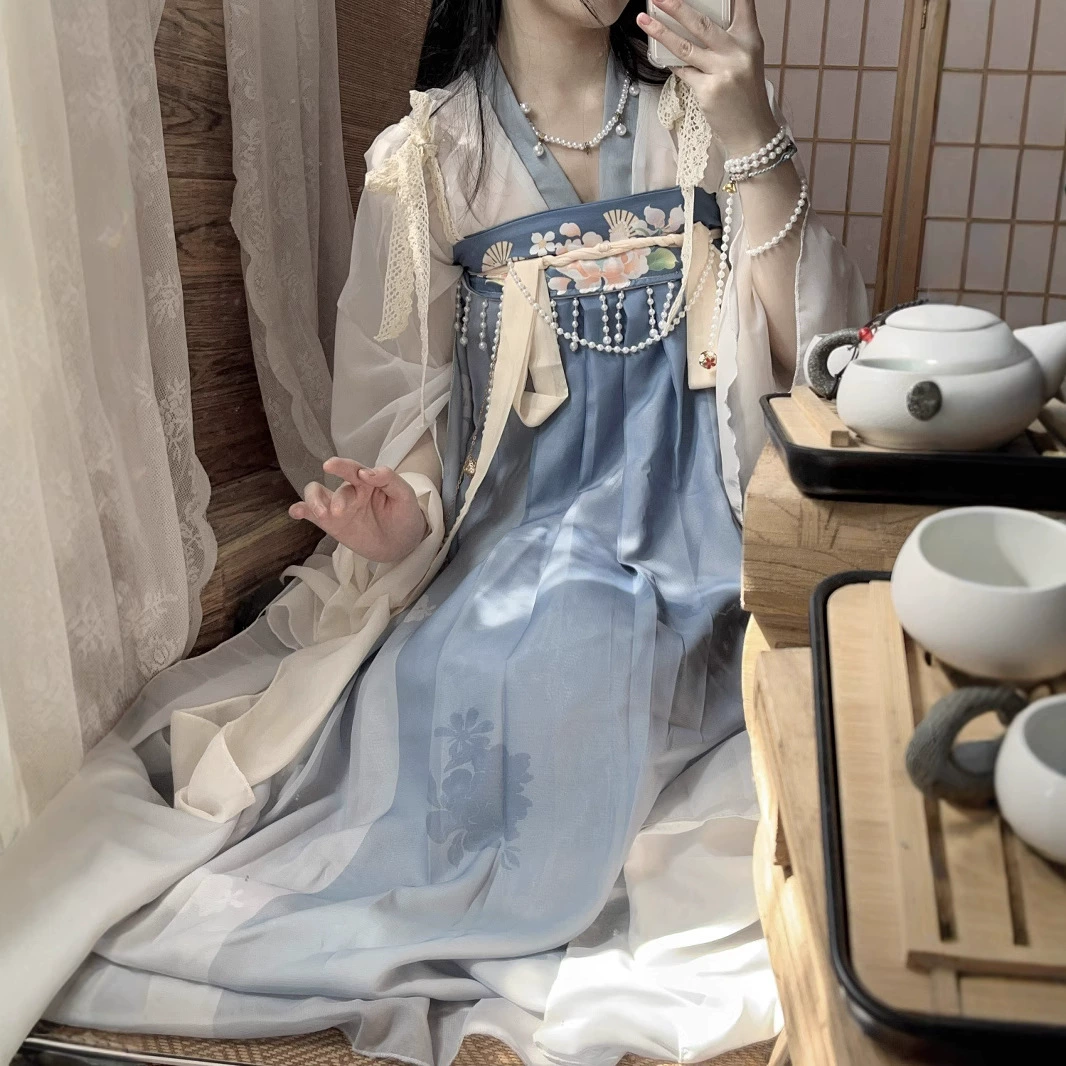 Юбка Hanfu длиной до груди. Комплект с принтом Hanfu в стиле Тан для весны, лета и осени. Юбка Hanfu длиной до груди для весны, лета и осени 11.