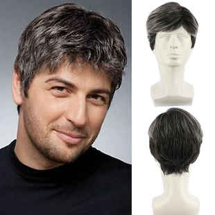Cross-border European and American men's wig gray black fluffy short straight hair chemical fiber elastic mesh head male wigs men wigs