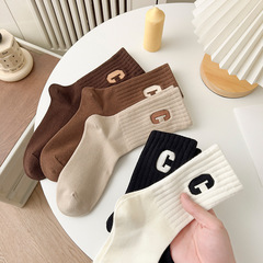 C-letter embroidery children's spring and autumn thin coffee color series cotton thick bar Korean INS trendy versatile plain mid-calf socks