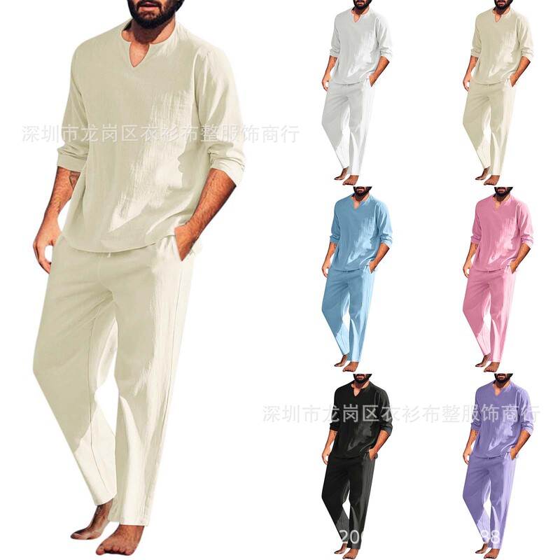 2025 foreign trade men's summer new beach wind cotton and linen suit