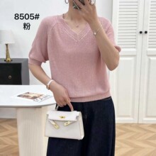 夏季新款V领短袖针织衫女宽松显瘦纯色冰丝薄款通勤休闲上衣8505
