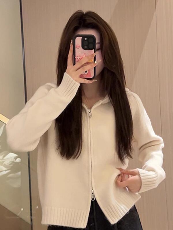 连帽毛衣女春秋慵懒感2025新款设计感韩系小个子短款针织开衫|undefined