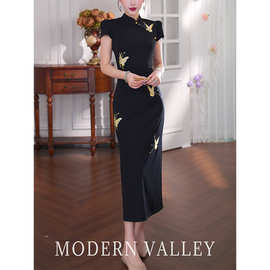 黑色新中式国风改良旗袍连衣裙女夏季长裙小众设计感高端礼服裙子