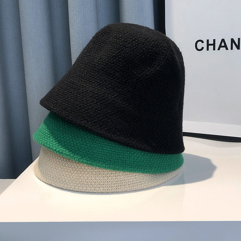 Korean-Style Knitted Fisherman Hat for Women, Autumn and Winter Plain Face-Shielding Bucket Hat, Solid Color Versatile Japanese-Style Cloche Hat