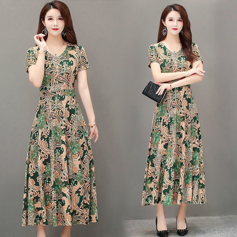 Foreign Trade Hot-selling Dress 2022 Summer Women's Loose Slimming Elegant Printed Short-sleeved Middle-aged and Elderly Dress Foreign Trade Hot-selling Dress 2022 Summer Women's Loose Slimming Elegant Printed Short-sleeved Middle-aged and Elderly Dress
