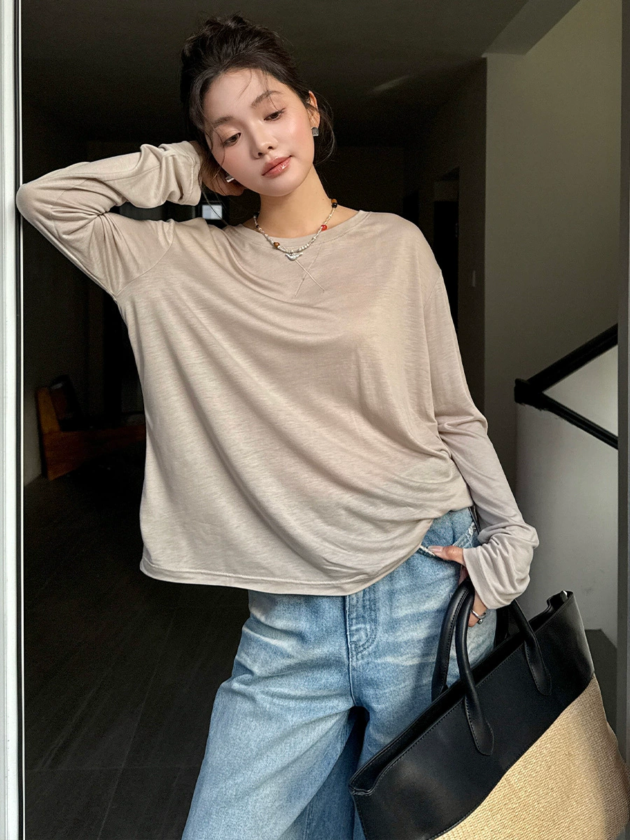 Long-Sleeve Round-Neck Top, lightweight wool blend, summer solid, one size (2–10 colors)