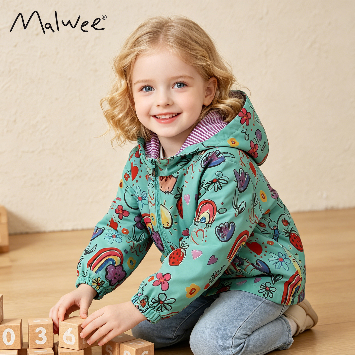 Malwee girls' coat, autumn and winter new European and American style children's clothing, stylish little girl hooded cardigan, children's clothing, trench coat