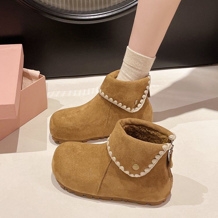 2025冬季新款圆头平底勃肯鞋短靴女复古加绒保暖内增高雪地靴女鞋
