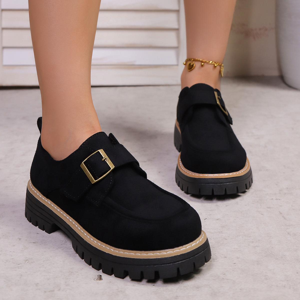 Plus Size Damen-Loafer mit Blockabsatz und Schnalle im britischen Stil, niedrige Schuhe, Herbstneuheit_voghion.com
