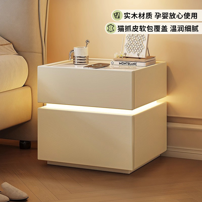 Solid Wood Bedside Table for Home Bedroom 2025 Popular Accessible Luxury High-End Cream Style Small Bedside Storage Cabinet Smart