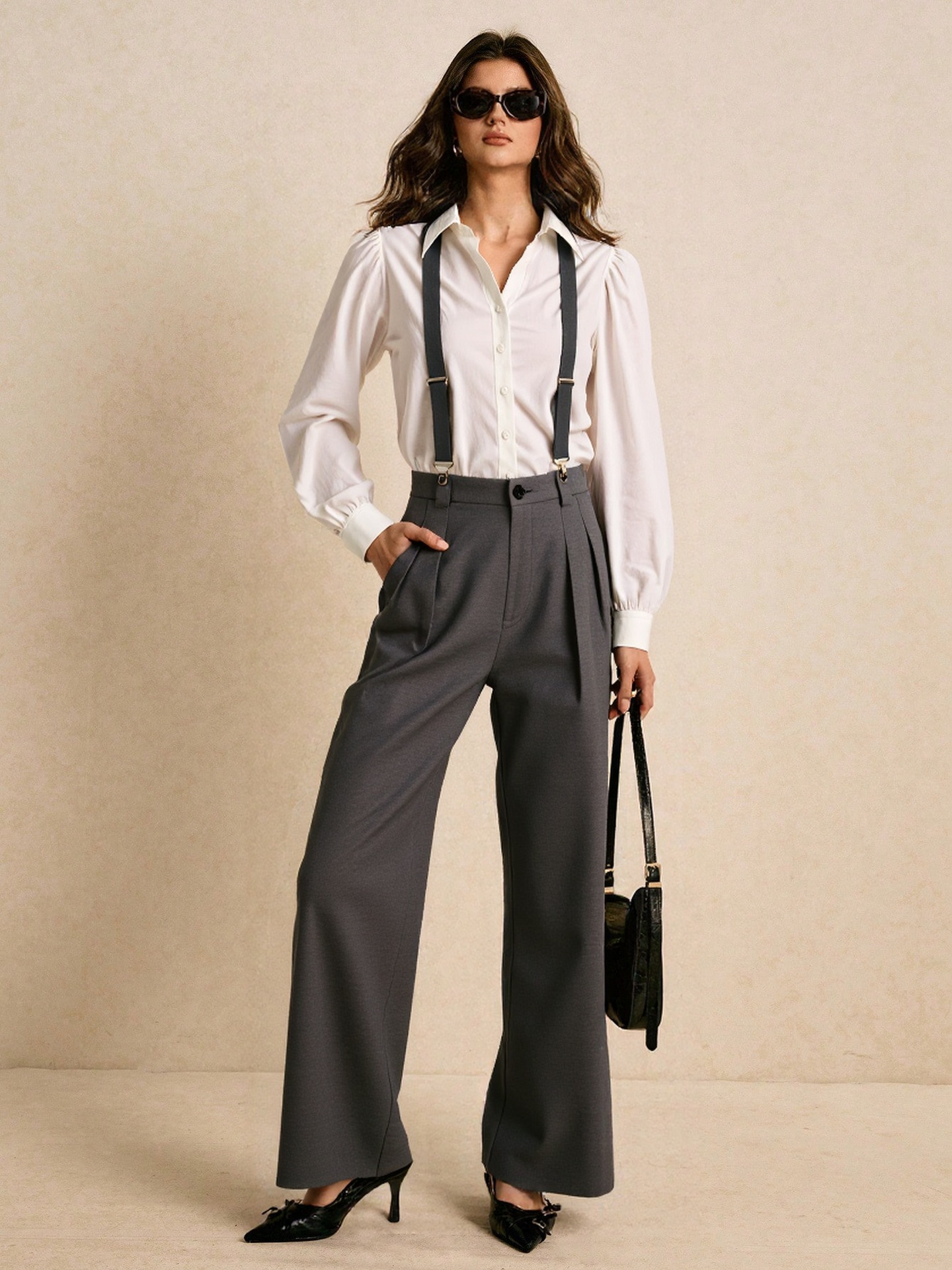 Artistic White Collared Long Sleeve Shirt Matching Gray Suspender Pants Two Piece Elegant Sets 7 Artistic White Collared Long Sleeve Shirt Matching Gray Suspender Pants Two Piece Elegant Sets