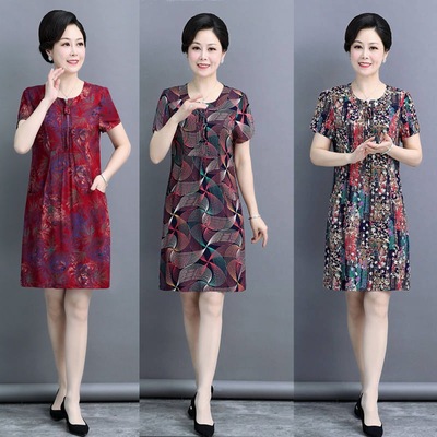 Middle and old age Women's wear Short sleeved Dress Mom outfit Mid length version Cotton silk Large Easy high-grade skirt Base coat