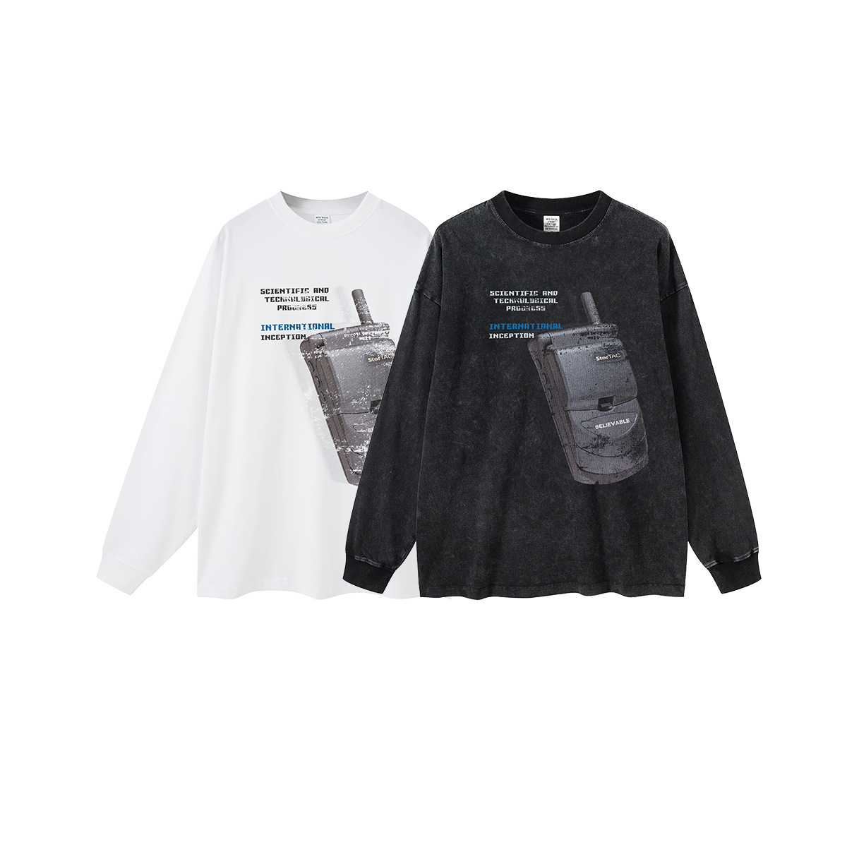 Ropa para hombre BE | Camiseta de manga larga para hombre, estilo retro americano holgado, con estampado de teléfono móvil, cuello redondo, de marca moderna, talla grande, otoño 2025.