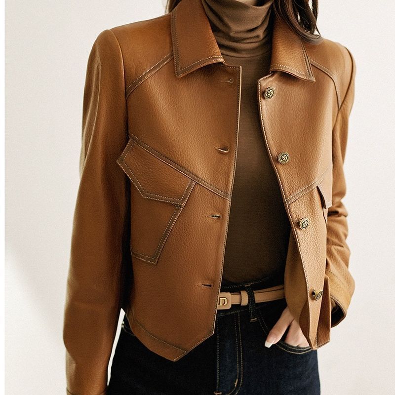 High-End Haining Leather Jacket with Topstitching, New Spring and Autumn Women's Leather Short Coat, Trendy Leather Jacket 8807