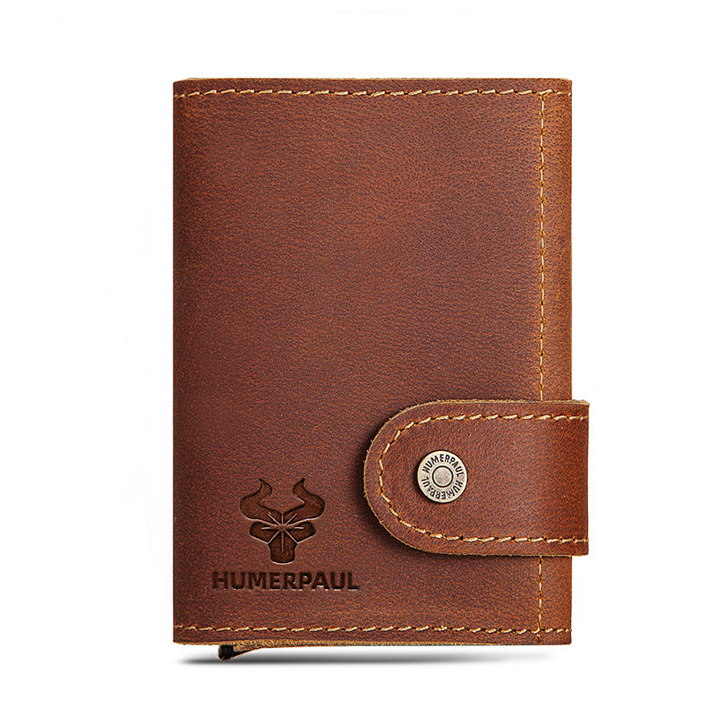 Humvee Paul Crazy Horse monedero de cuero RFID tarjeta automática caja de tarjeta de metal primera capa de cuero genuino titular de la tarjeta de crédito de los hombres