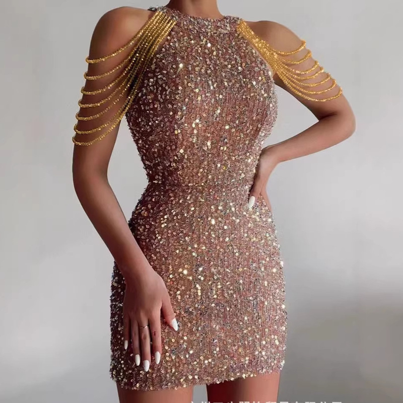 2026 Spring/Summer New Fashion Halter Neck Sexy Crystal Chain Bodycon Sequin European and American Style Mid-Waist Evening Dress