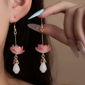 古风新中式长款串珠流苏耳环中国风旗袍配饰荷花景泰蓝仿点翠耳坠