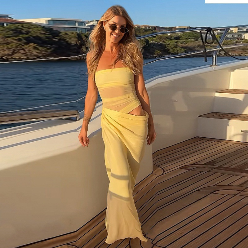 Spring 2025 New Pure Desire Temperament Gauze Micro Revealed Back Hollow Slim Fit Hip Strap Dress