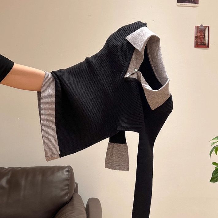 拼接Polo领假两件针织上衣女秋冬时尚减龄毛衣打底衫黑色灰色冰丝