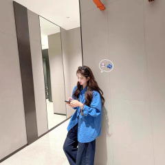 克莱因蓝色长袖衬衫女春季2025新款叠穿衬衣外套休闲外搭上衣