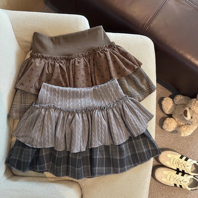 Retro Plaid Asymmetrical Skirt 2025 Autumn and Winter New High-Waist Slimming Look Splicing Design A-Line Cake Skirt