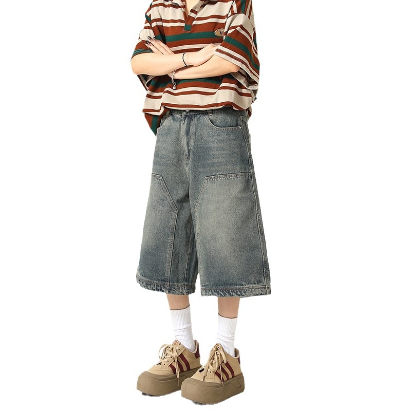 Summer Denim Shorts Men's and Women's Straight American Style Retro Washed High Street Wide Leg Old Casual All-match Cropped Pants for Men