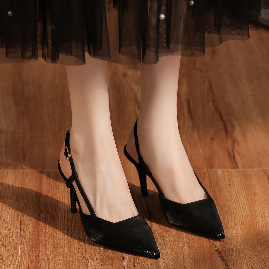 7755C Satin Front Closure Back Open Strap Sandals Thin Heel High Heels Professional Shoes Commuting Elegant Versatile_voghion.com