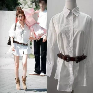 Long-Term In-Stock 2025 Autumn Zhao Lusi Celebrity Style White Collar Shirt Dress with Waist-Cinching Elegant Belt Short Skirt