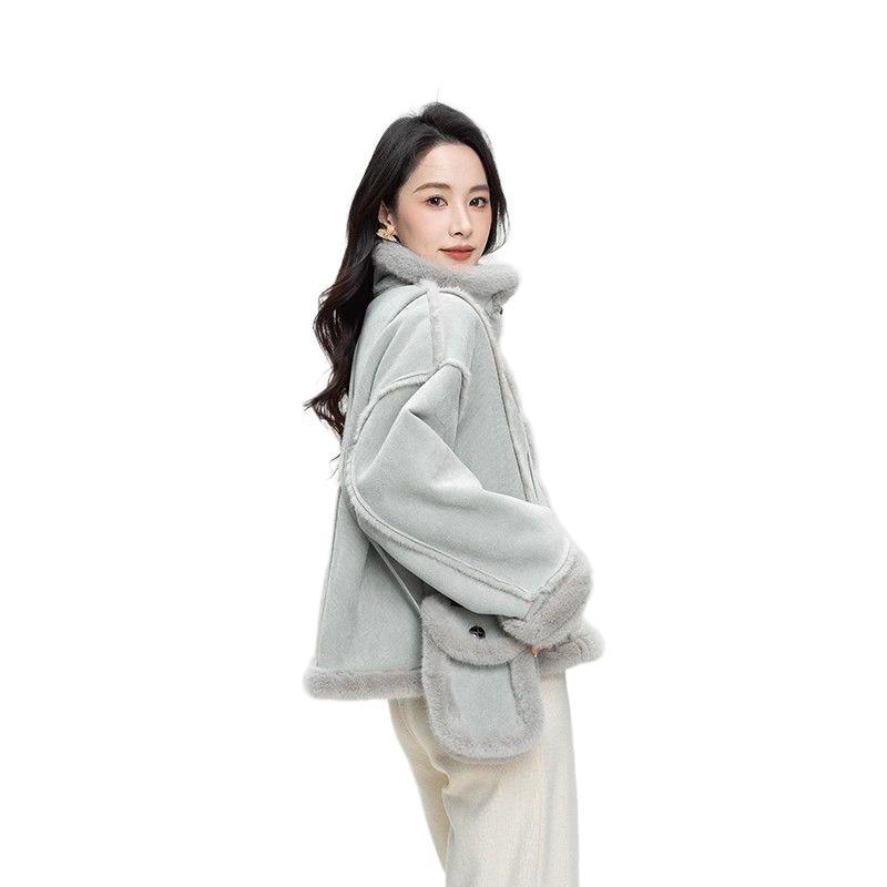 小个子毛毛拼接设计感加厚机车服女冬季新款宽松休闲立领蓝色外套|undefined