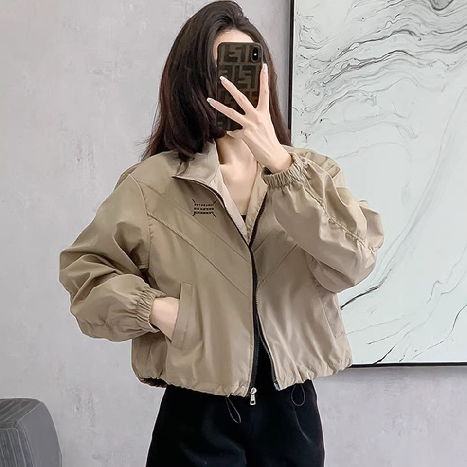 Áo khoác nữ dáng ngắn chiết eo cổ đứng khóa kéo phong cách casual — Màu lúa mì, Màu trắng ngà, màu đen