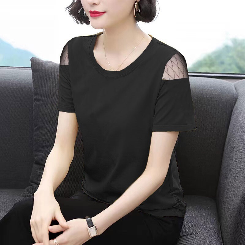 Spliced Lace T-Shirt for Women, Summer Women's Top, Off-Shoulder Mesh Half-Sleeve Base Shirt, Round Neck T-Shirt, Ins Style Spliced Lace T-Shirt for Women, Summer Women's Top, Off-Shoulder Mesh Half-Sleeve Base Shirt, Round Neck T-Shirt, Ins Style