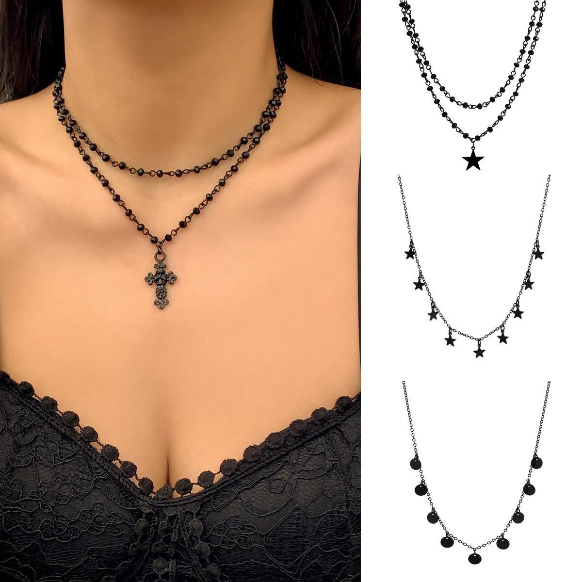 Wholesale Jewelry Punk Cool Style Cross Star Rose Alloy Crystal Iron Plating Layered Necklaces display picture 2