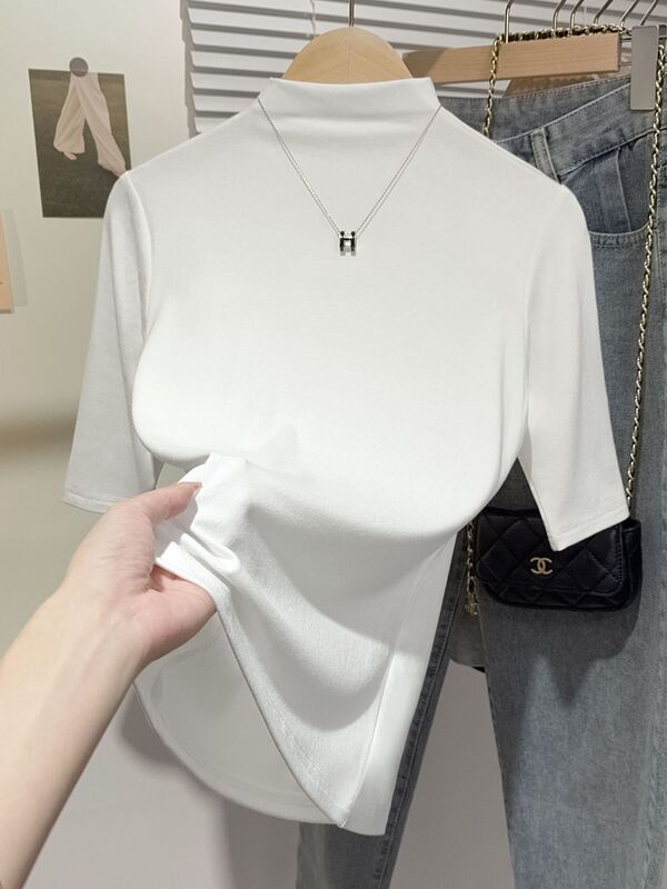 モーダル半袖 Tシャツレディースハーフタートルネックボトリングシャツ 2025 夏の新ファッション多用途黒スリムトップ|undefined