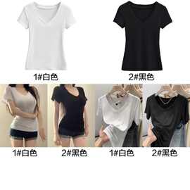 夏季新款V领正肩短袖女t恤定制图案日韩休闲纯色百搭上衣女跨境